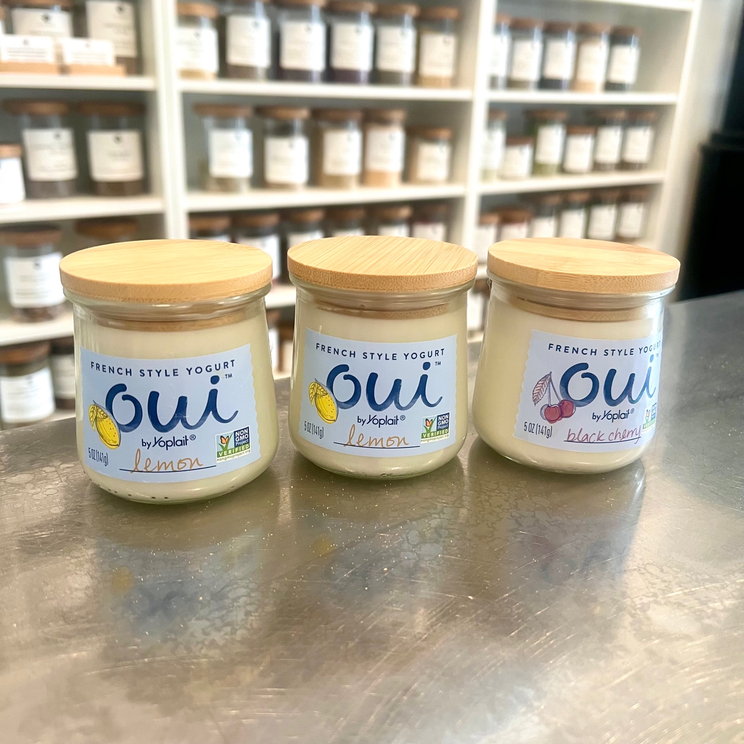 Upcycled OUI yogurt jars 